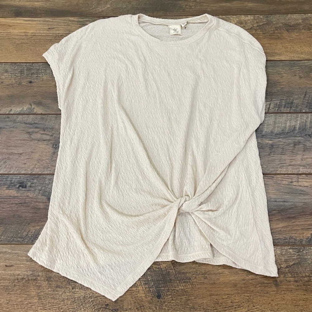 White Crow XL Cream Textured Crinkle Front Knot Asymmetrical Top Semi Sheer Boho